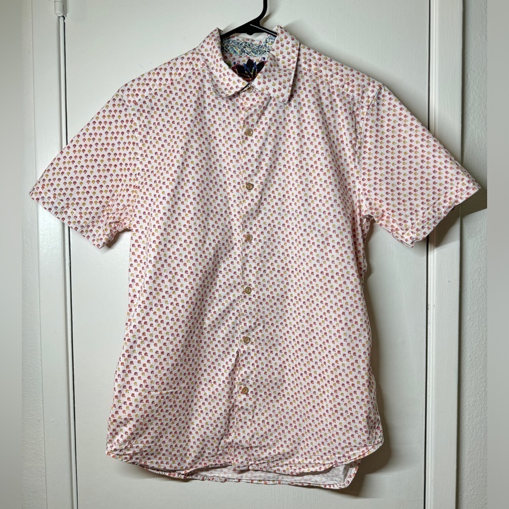 Robert Graham White Red Orange Button Front Short Sleeve Collared Shirt Small